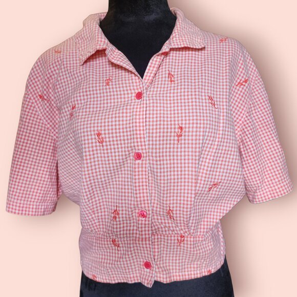 Vintage Jennifer Moore embroidered checkered gingham cropped button down shirt - Picture 1 of 9